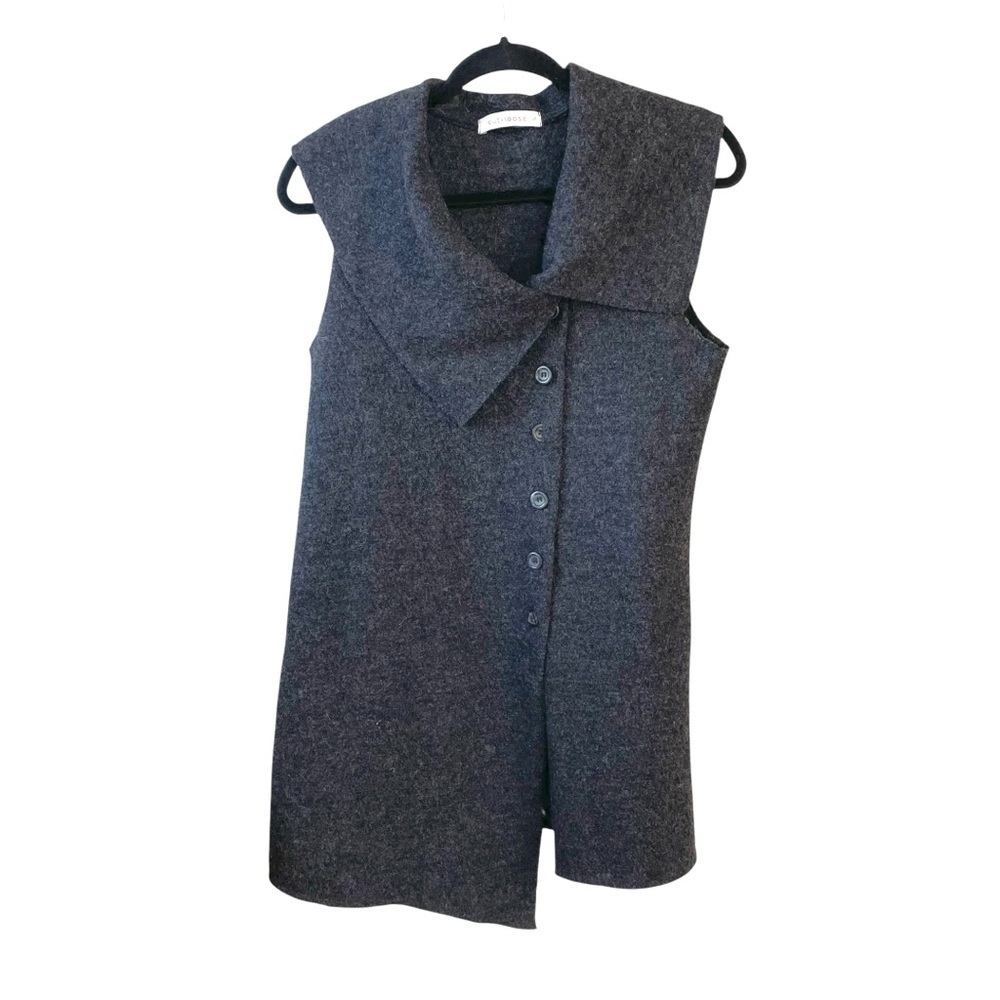 Cut Loose Boiled Wool Sleeveless Long Button Front Cardigan Charcoal Black Grey